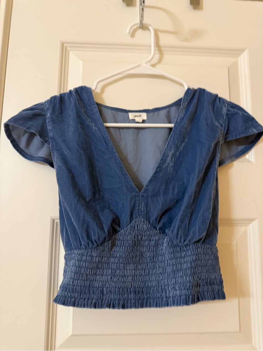 aerie Blue Velvet V-Neck Smocked Crop Top - Size XS